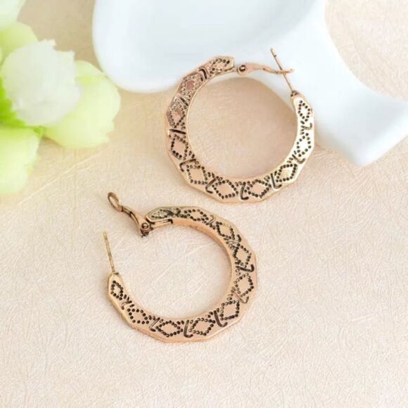 Bohemian Gold Antique Hoop Earrings Geometric - Picture 3 of 6